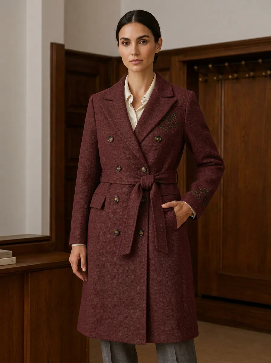 Women's Olive Green Leaf Embroidered Wool Coat