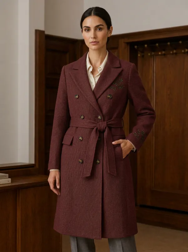 Women's Olive Green Leaf Embroidered Wool Coat
