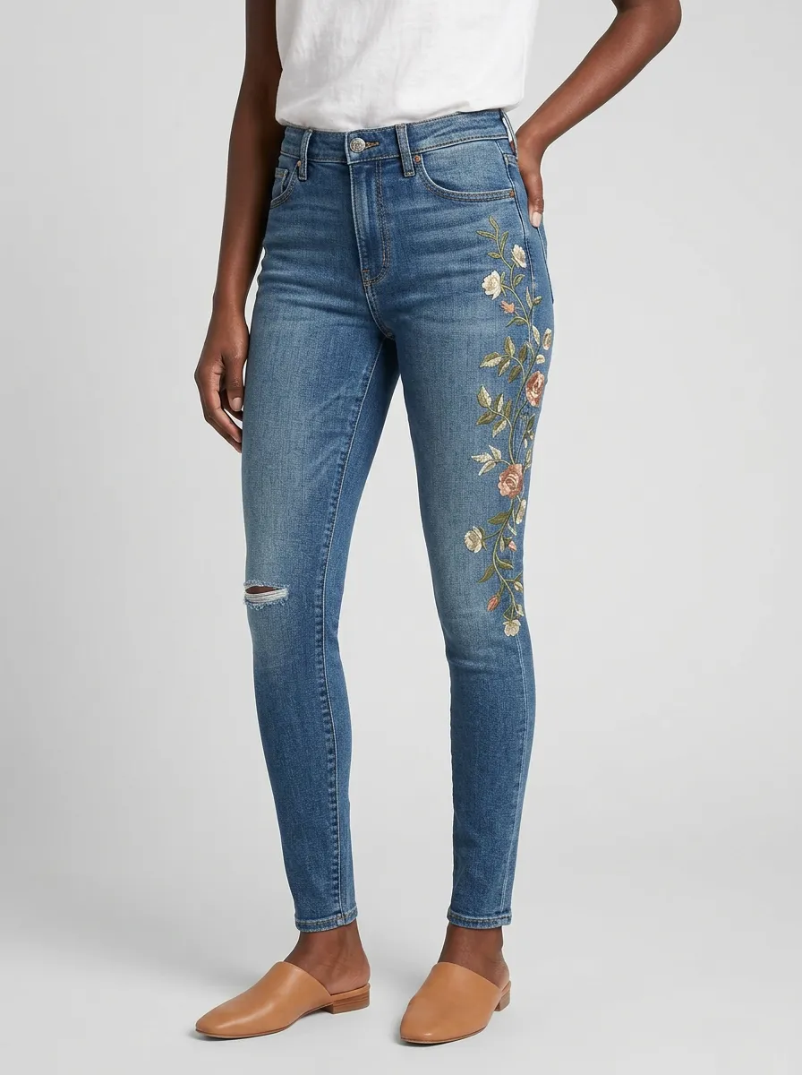 Women's Floral Rose Vine Embroidered Printed Slim Jeans
