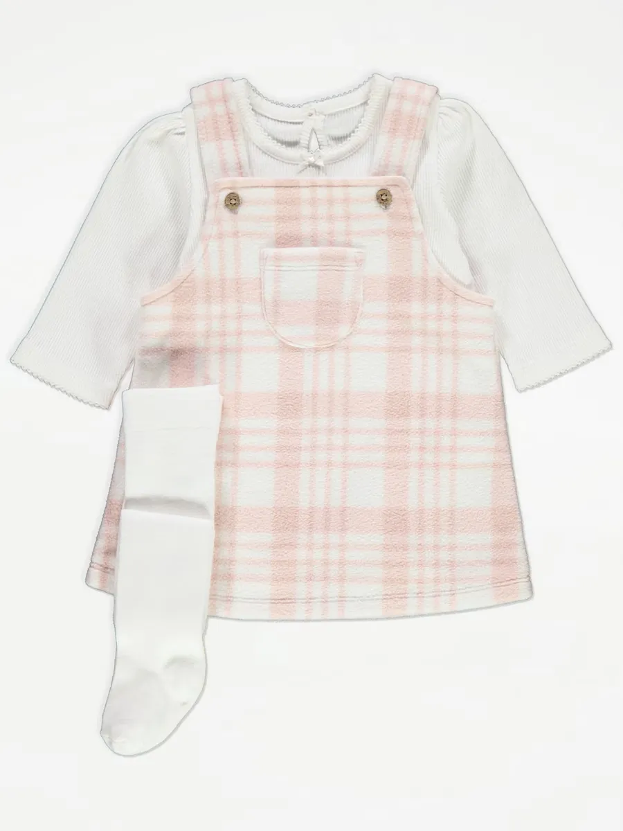 Pink Check Pinafore Dress Bodysuit and Tights
