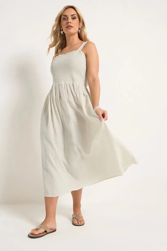 Natural Brown Shirred Linen Midi Dress detail 1