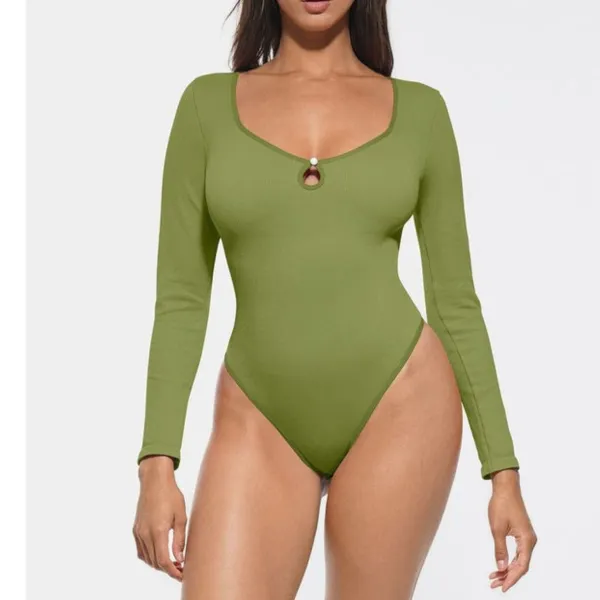 Ribbed Cutout Long Sleeve Thong Bodysuit