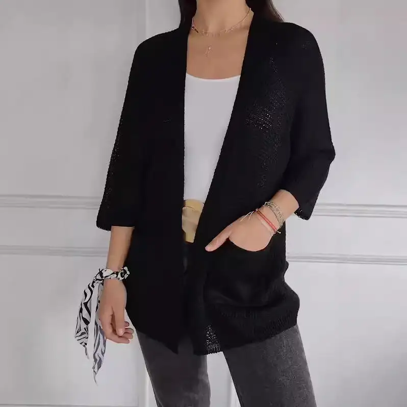 Women's Waffle-Knit Three-Quarter Sleeve Cardigan