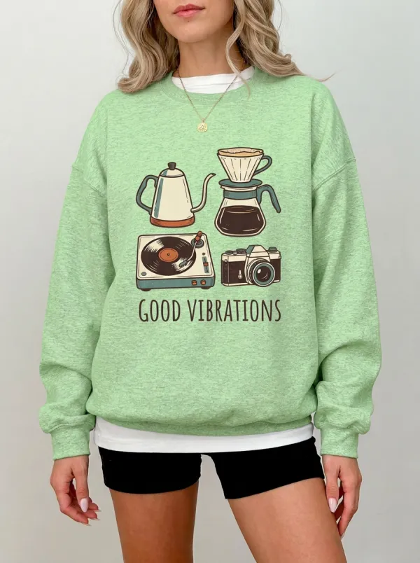 Women's Coffee Music Photography-Inspired Good Vibrations Printed Sweatshirt