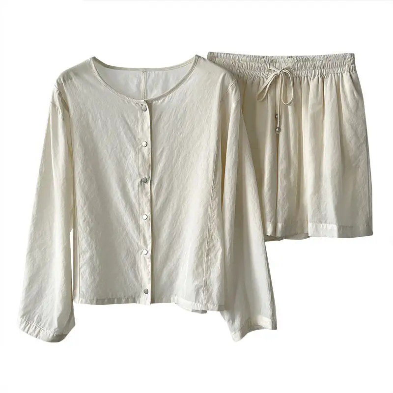 Flowing Round Neck Long Sleeve Shirt And High Waist Wide Leg Shorts Set