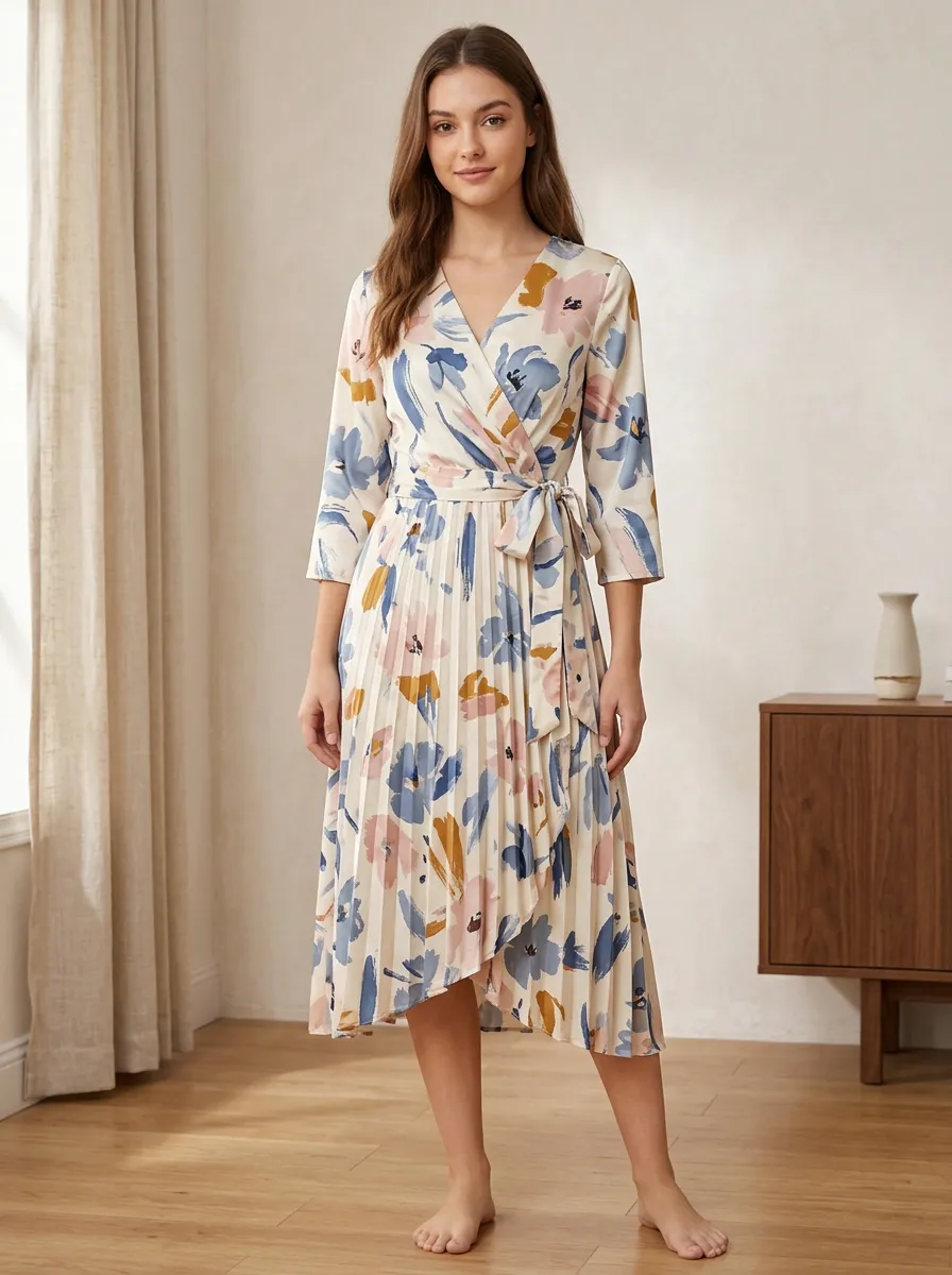 Women's Floral Art Abstract Print Wrap Pleated Dress