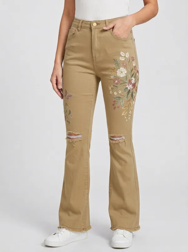 Women's Medium Wash Floral Butterfly Raw Hem Flare Jeans