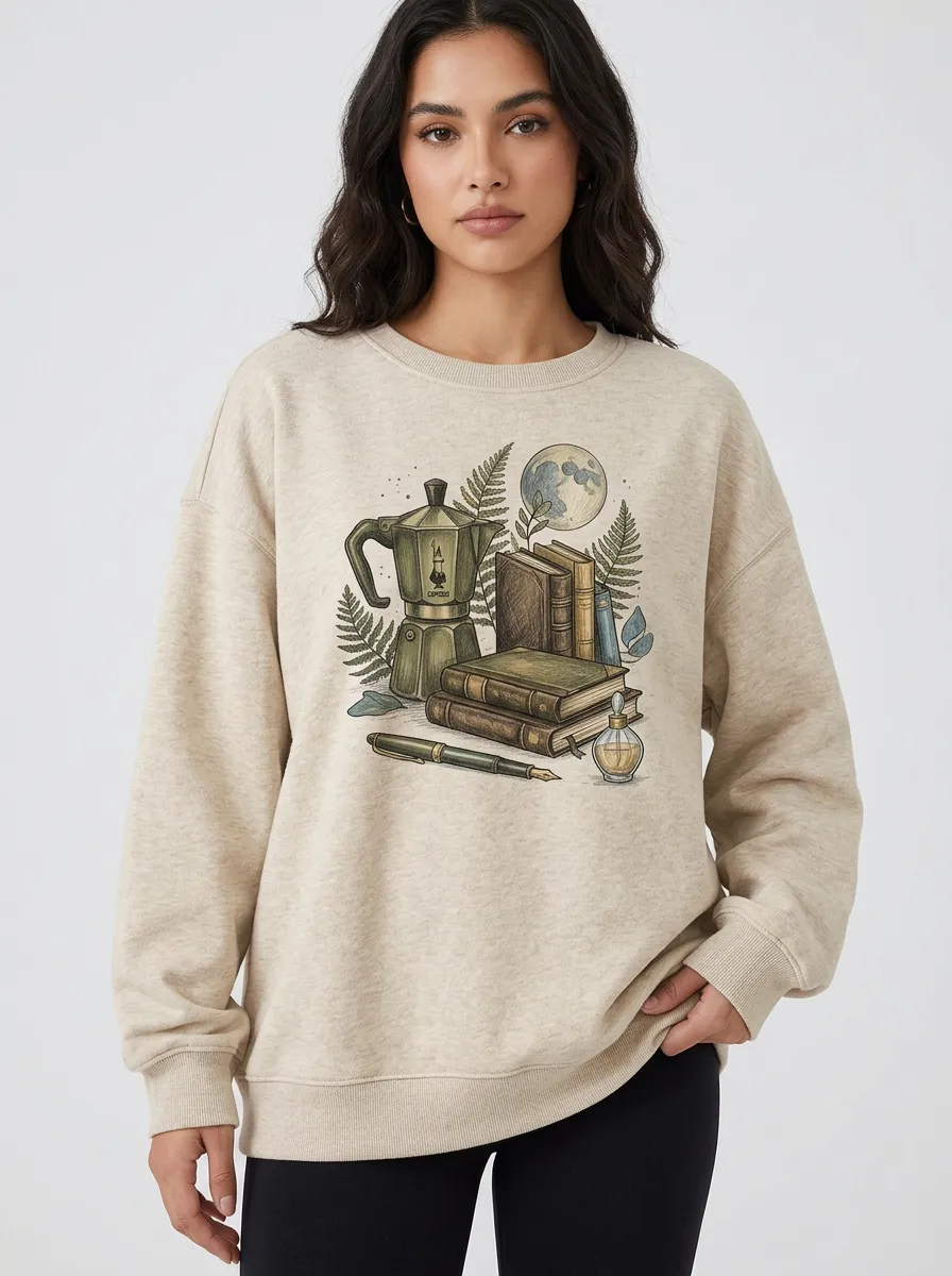 Women's Book Coffee Fern Moon Graphic Sweatshirt