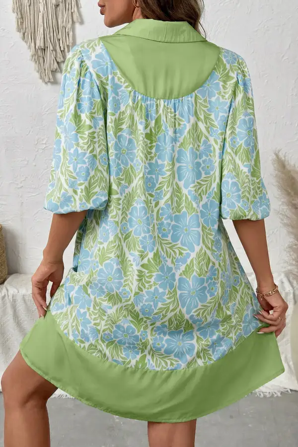 Sky Floral Print Color Block Patchwork Shirt Collar Half Sleeve Mini Dress