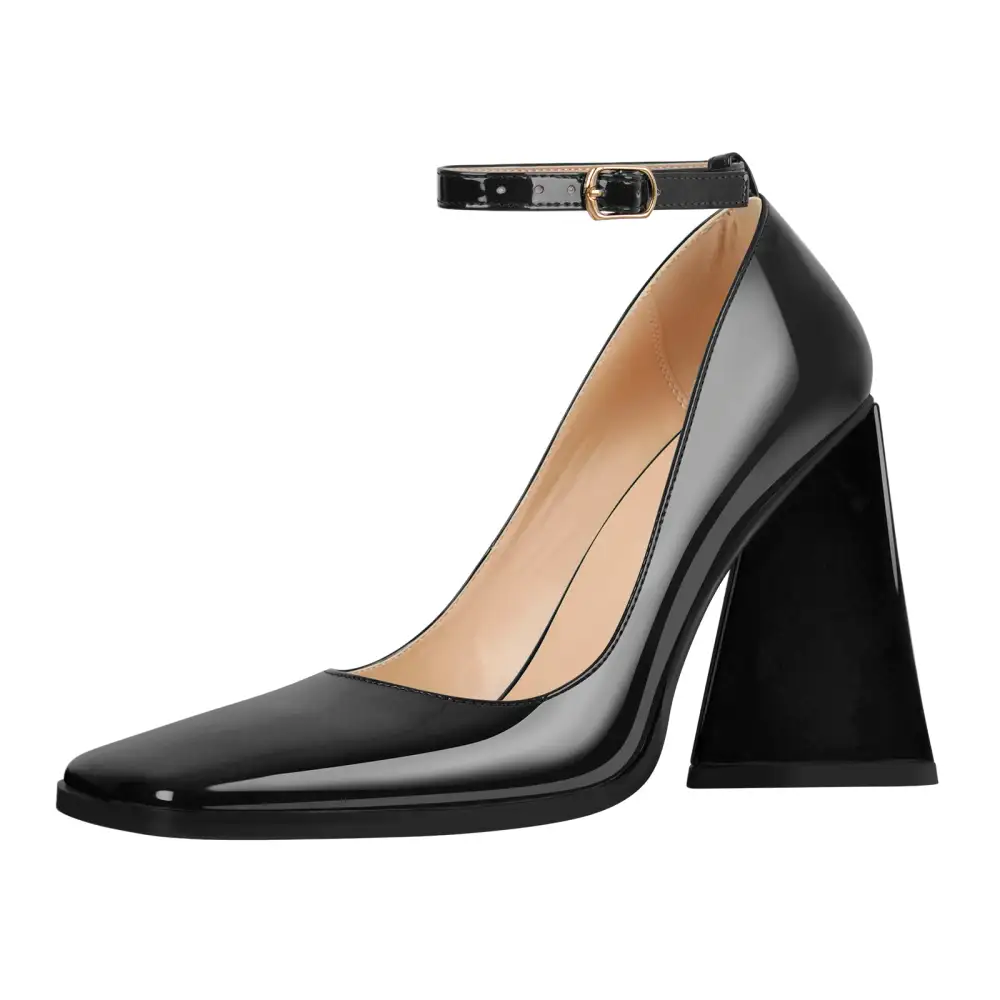 Patent Finish Square Toe Chunky Heel Ankle Strap Pumps