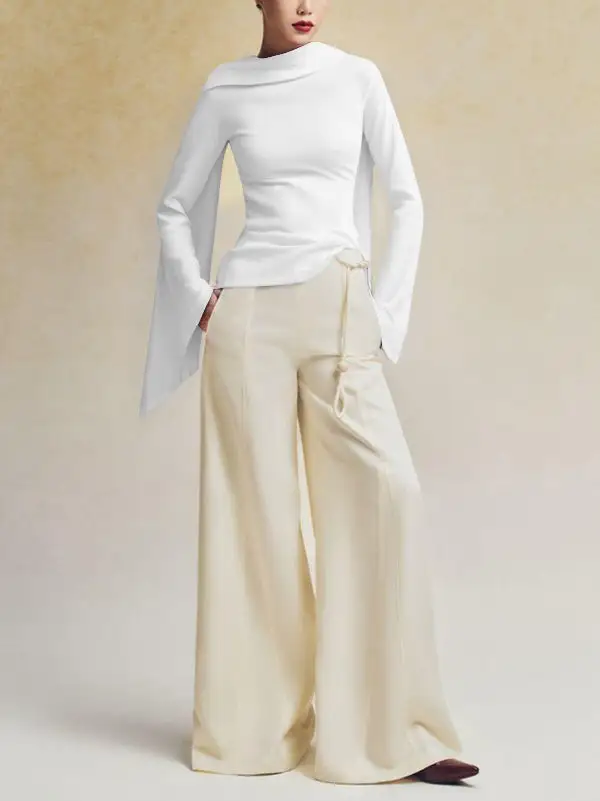 Flared Sleeve Long Sleeve Zip Detail Boat Neck T-Shirt