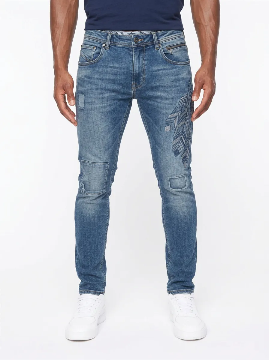 Men's Blue Feather Pattern Distressed Slim Fit Jeans