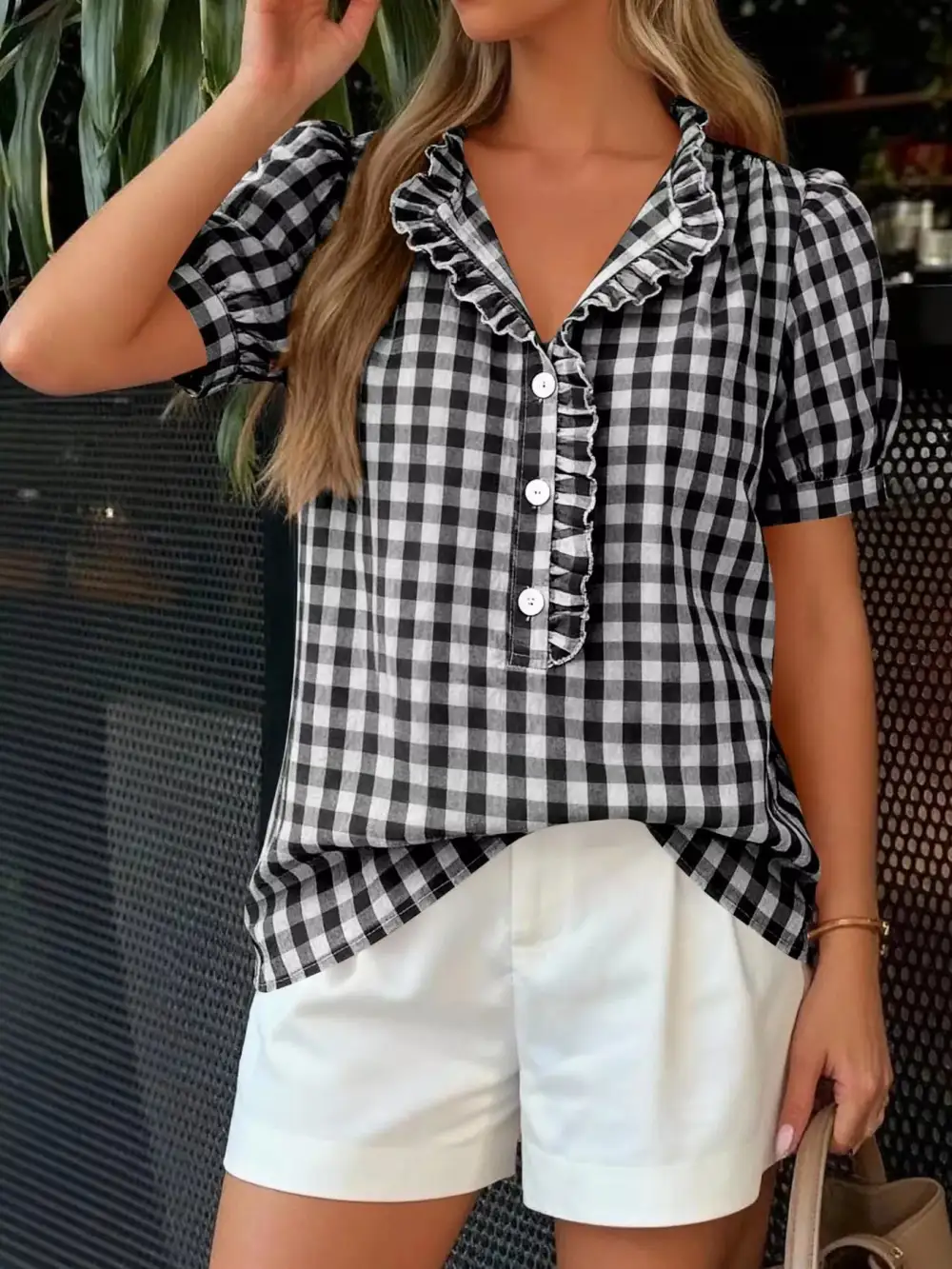 Gingham Button-Front Puff Sleeve Blouse