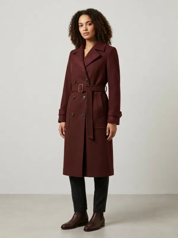 Women's Olive Green Leaf Embroidered Belted Trench Coat