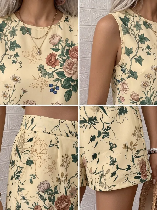Women's Vintage Floral Botanical Printed Sleeveless Short Set