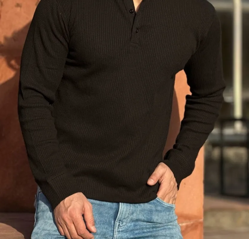 Black Slim-Fit Quarter-Zip Casual Henley