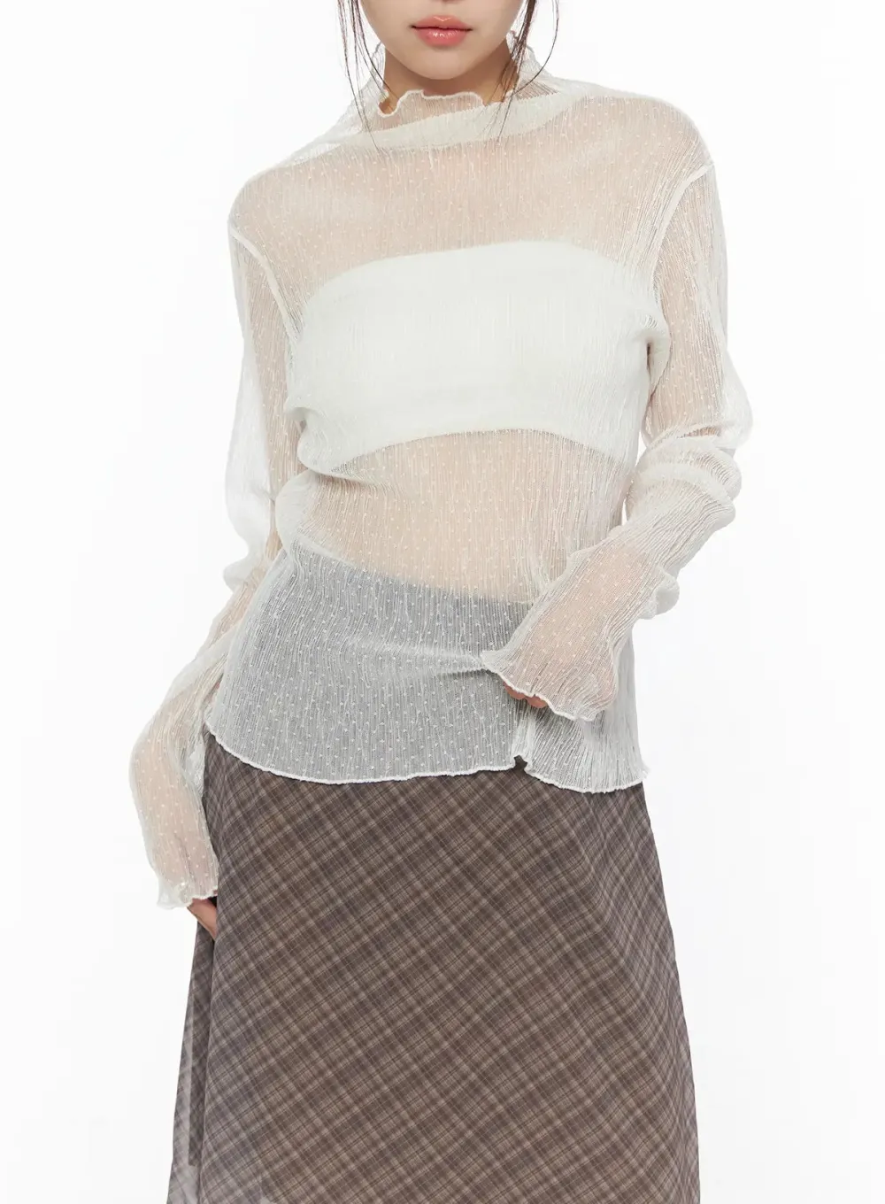 Mesh Pleated Mock Neck Long Sleeve Top