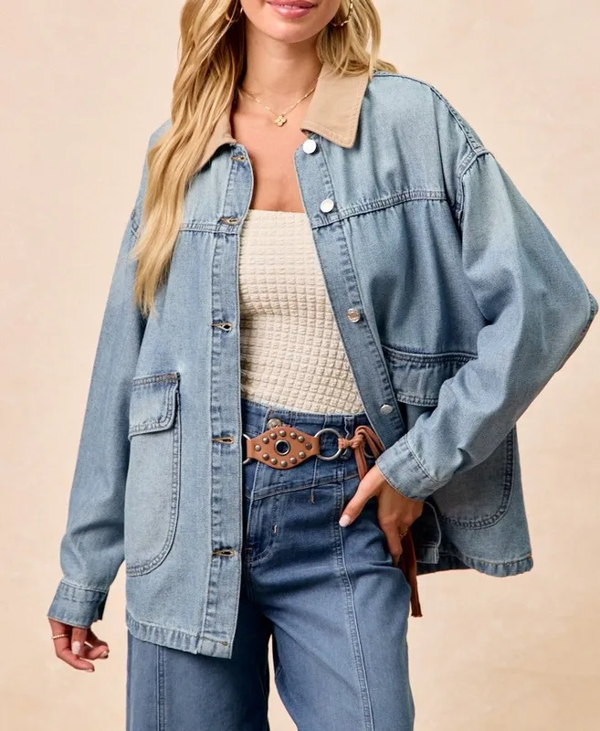 Washed Denim Jacket with Contrast Collar Detail