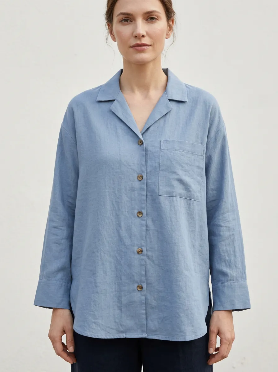 Women's Casual Minimalist Blue Button-Down Long Sleeve Shirt