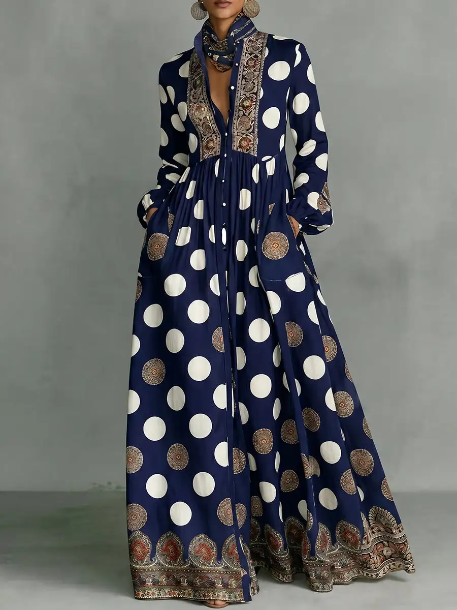 Pleated Polka Dot Buttoned Long Maxi Dress