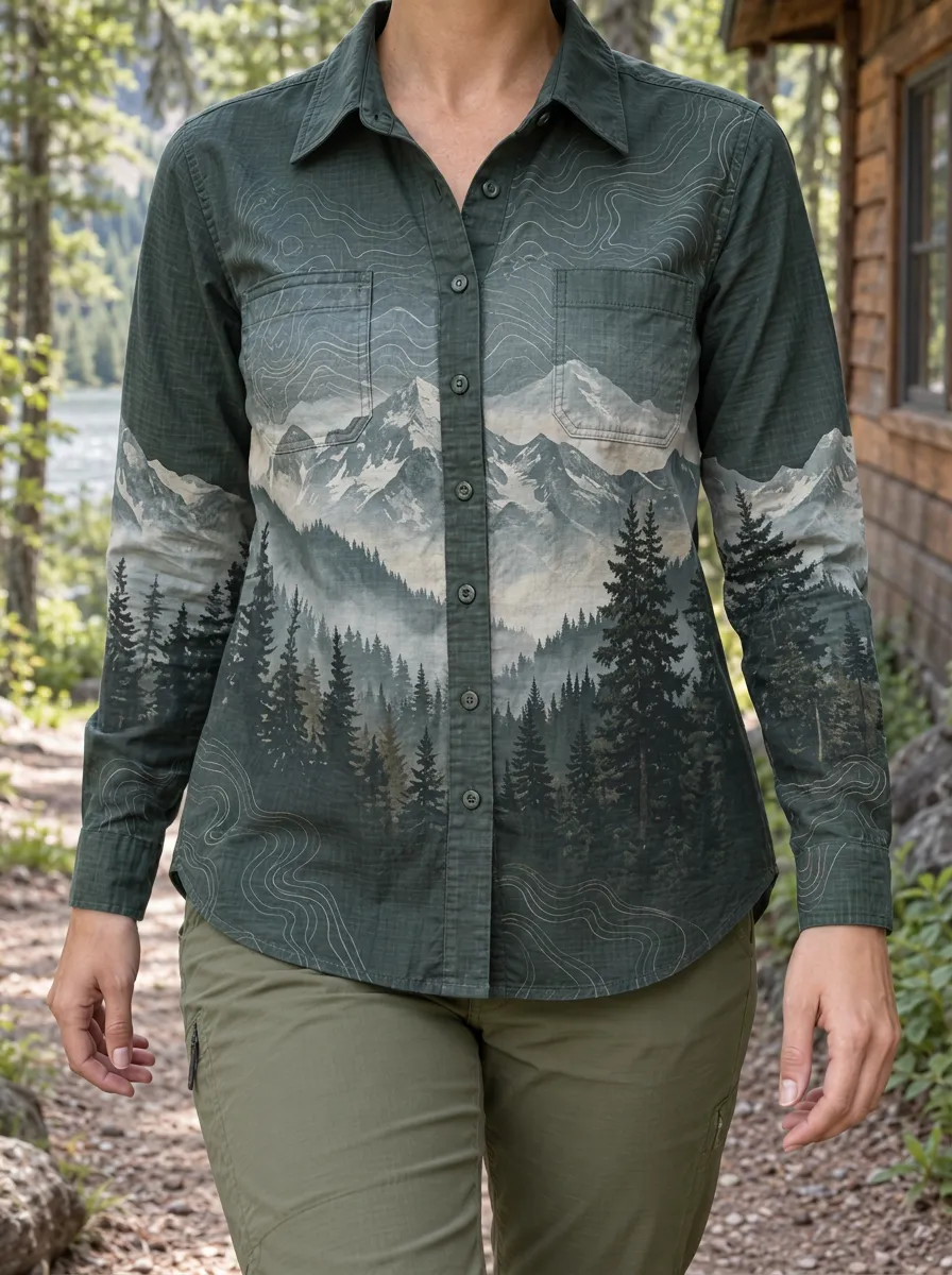 Women's Landscape Hiking Lover Mountain Forest Topographic Shirt