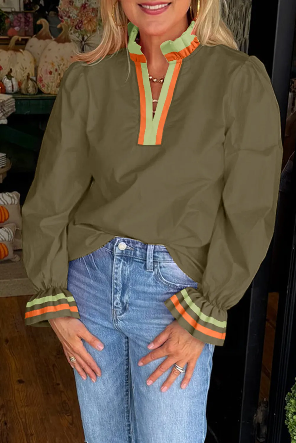Four Leaf Clover Striped Trim Blouse