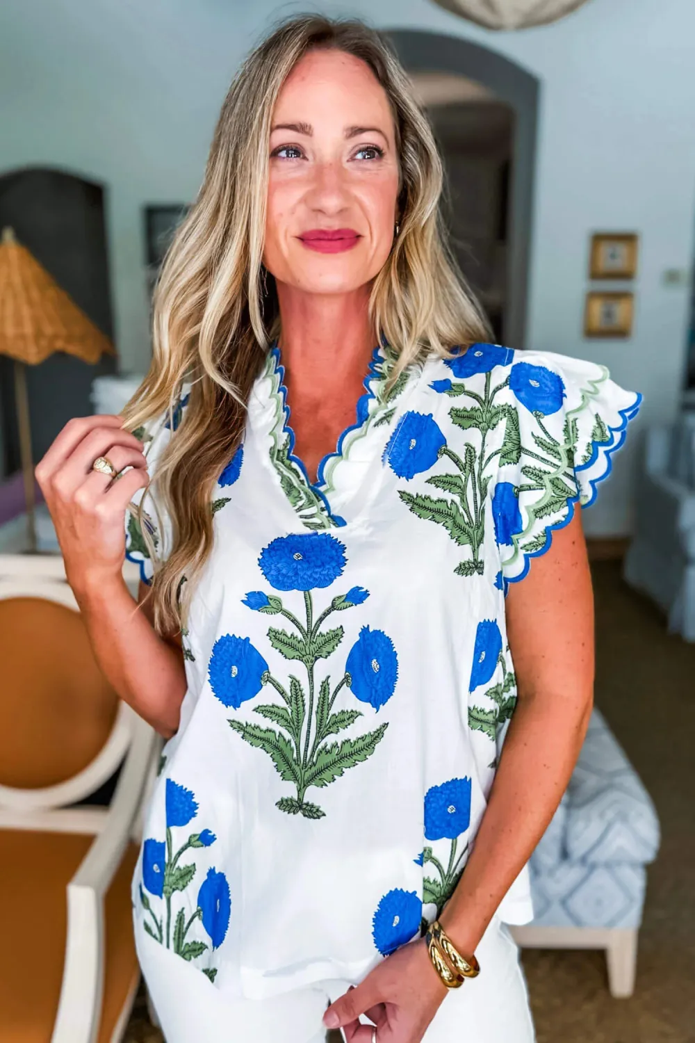 Blue Wild Flower Print Contrast Blouse