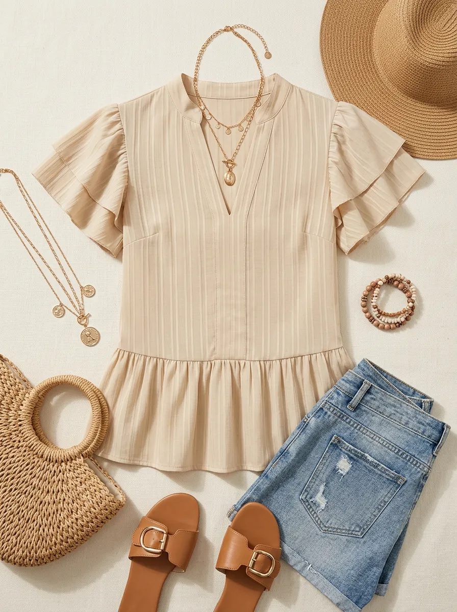 V-Neck Ruffle Sleeve Textured Peplum Top