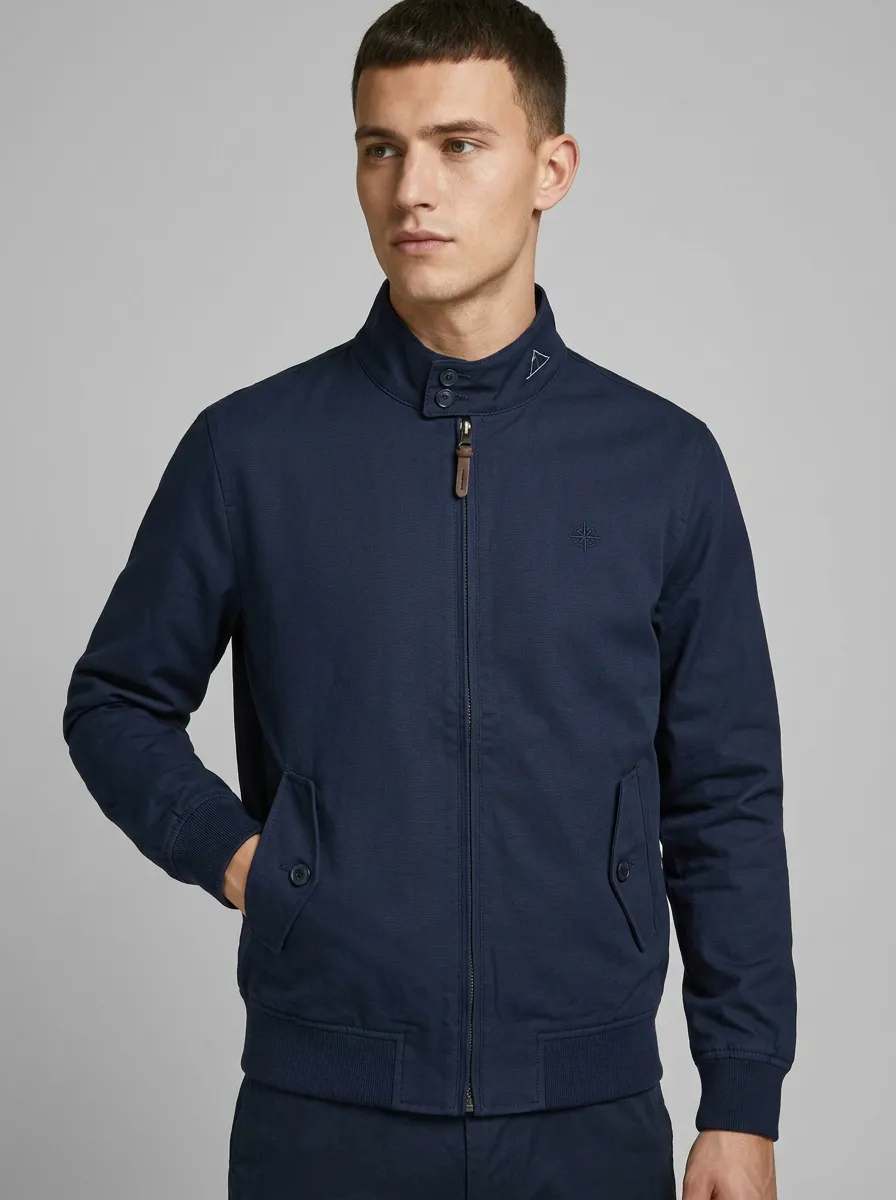 Men's Casual Navy Compass Embroidered Zip-up Jacket