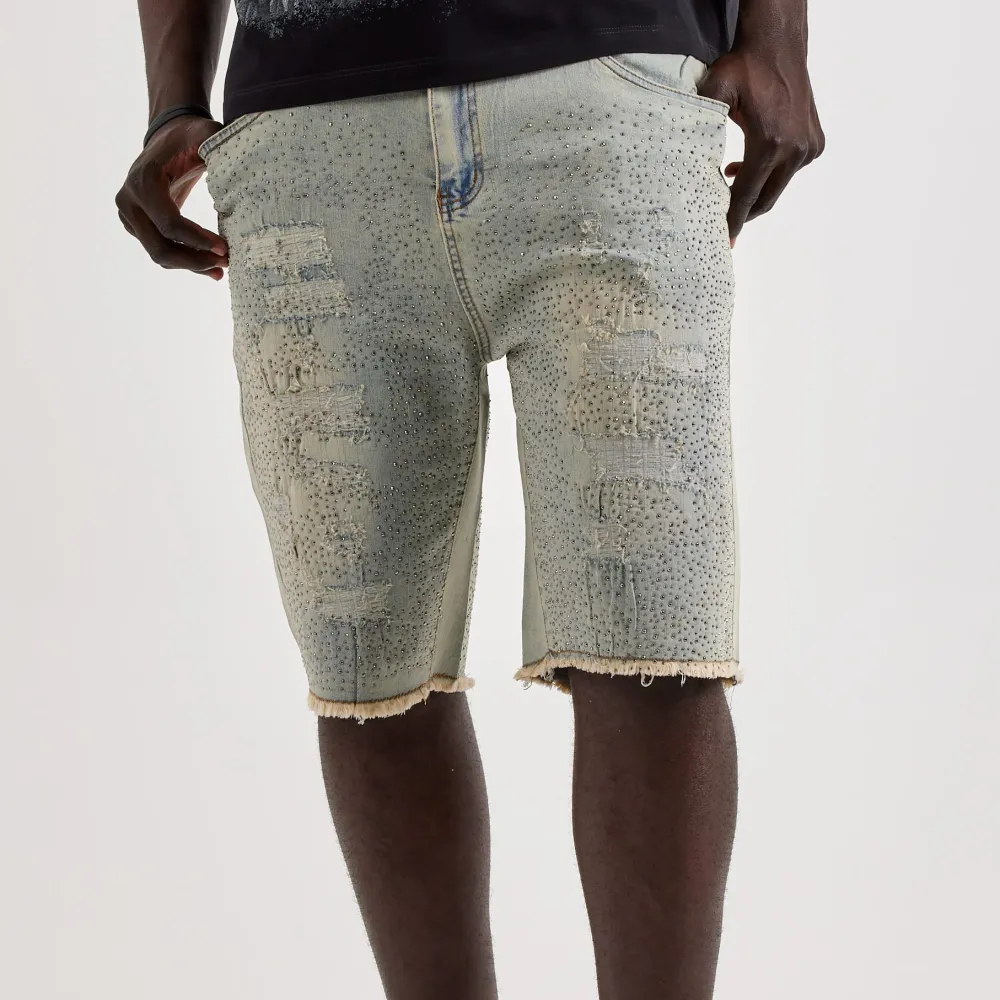 Relaxed Distressed Rhinestone Denim Shorts