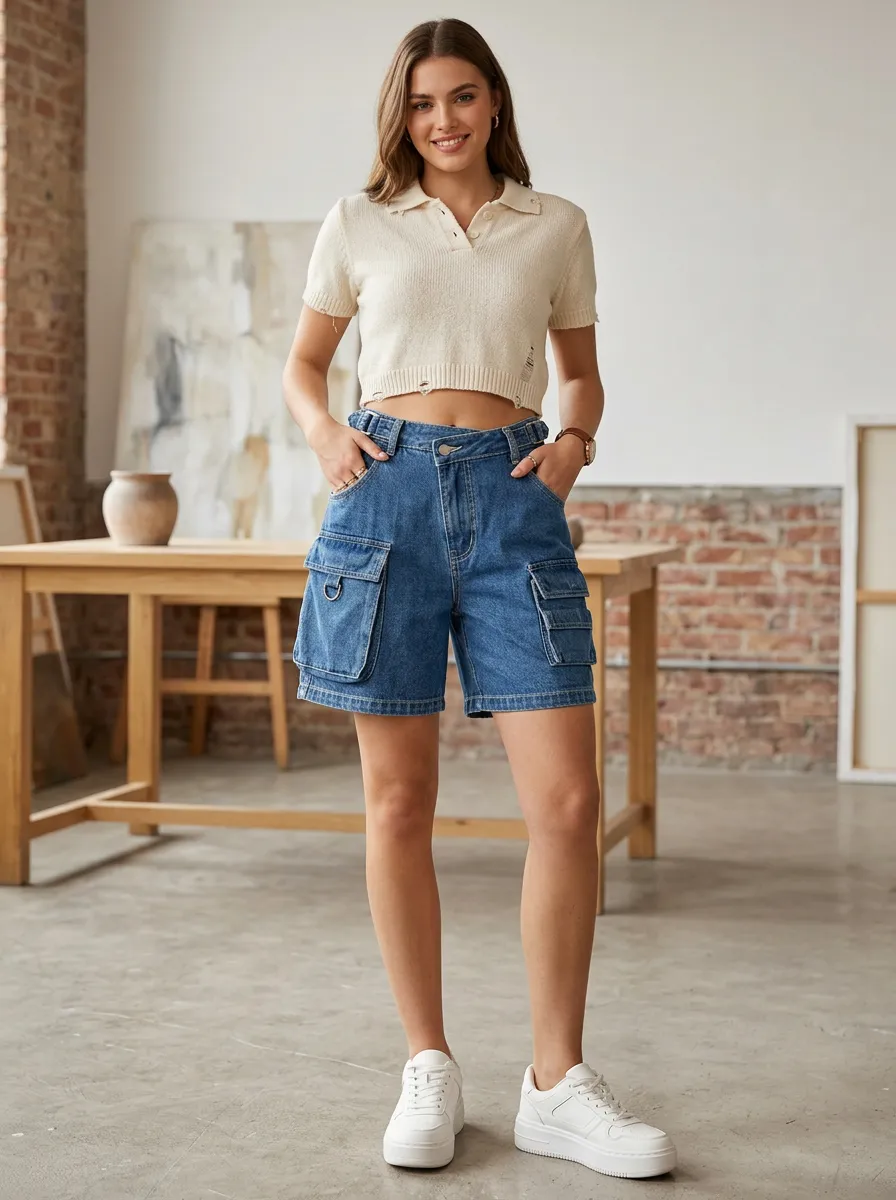Women's Streetwear Utility Mid-Rise D-Ring Denim Cargo Shorts