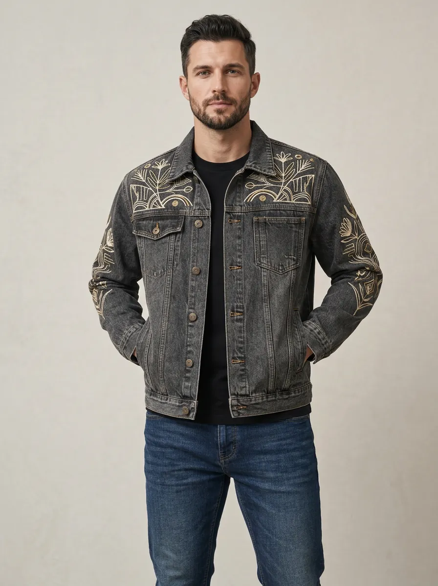 Men's Line Art Floral Boho Printed Denim Jacket