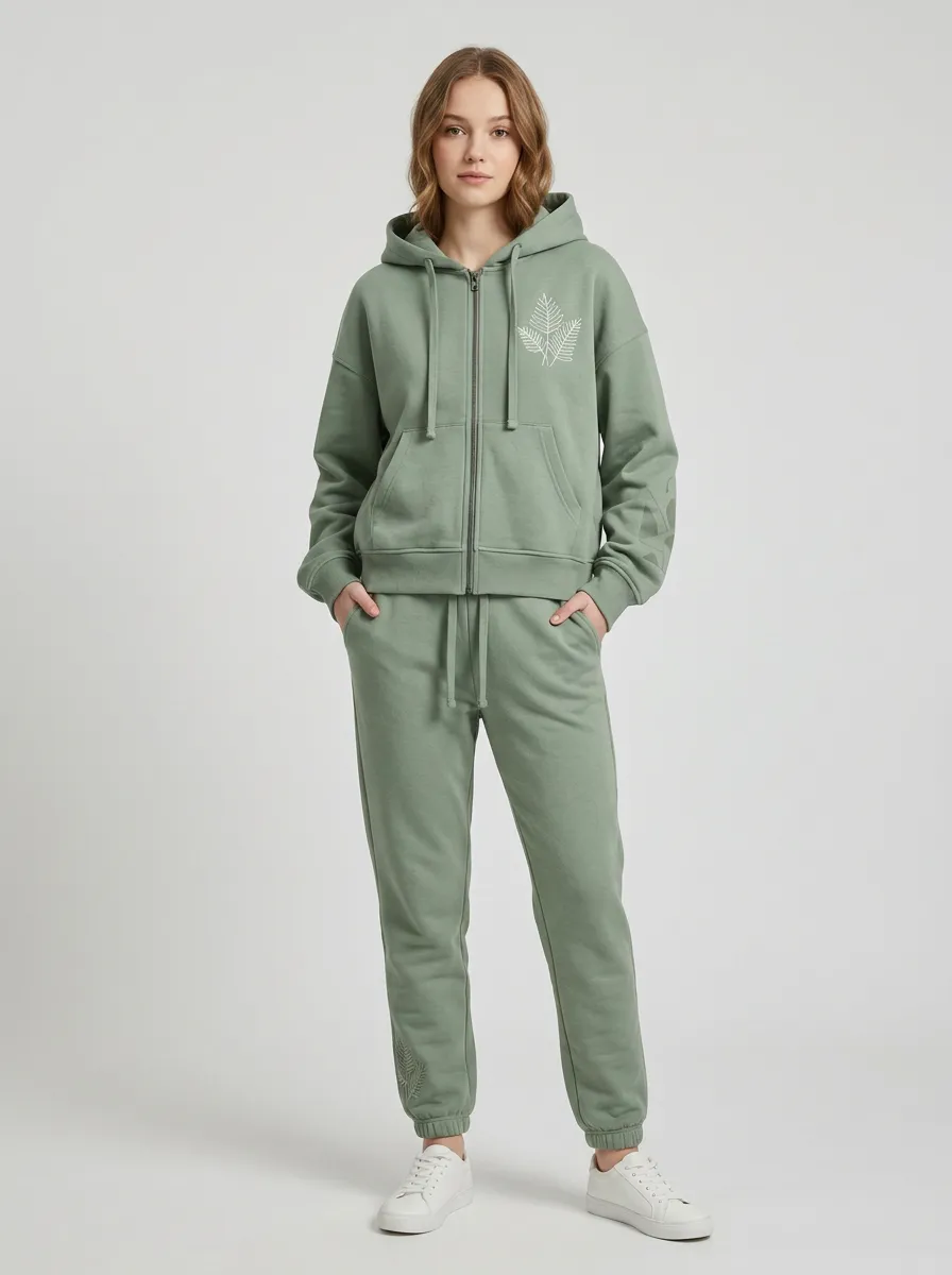 Women's Sage Green Fern Leaf Graphic Drawstring Hood Zip-Up Hoodie Jacket & Jogger Set