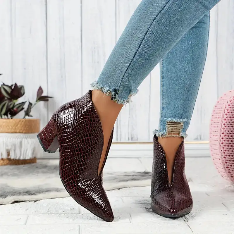 Textured Ankle Boots Curved Cut Mid Block Heel