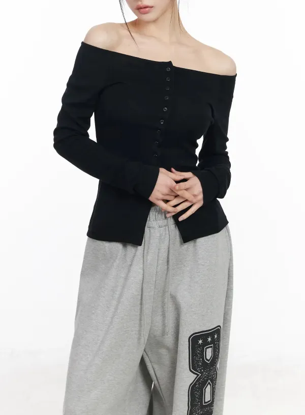 Off-Shoulder Button-Up Long Sleeve Top