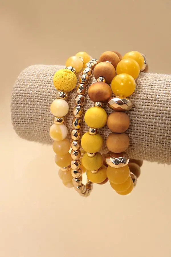 Wood And Glass Stretch Bracelet Set