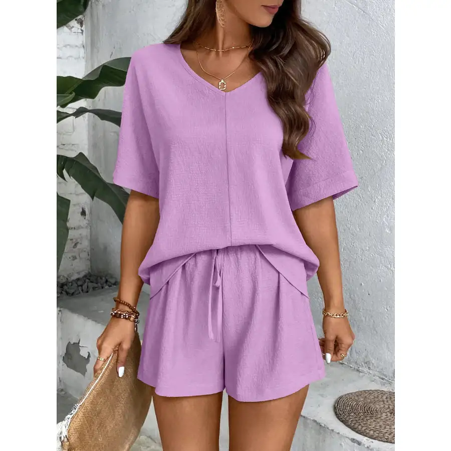 Relaxed Fit V Neck Top and Shorts Two Piece Set