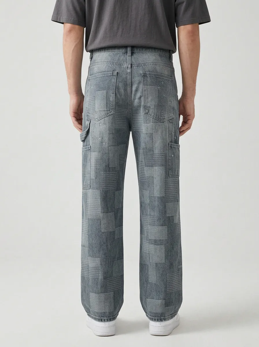 Men's Celestial Patchwork Embroidered Printed Wide Leg Jeans