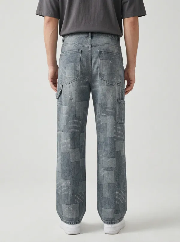 Men's Celestial Patchwork Embroidered Printed Wide Leg Jeans