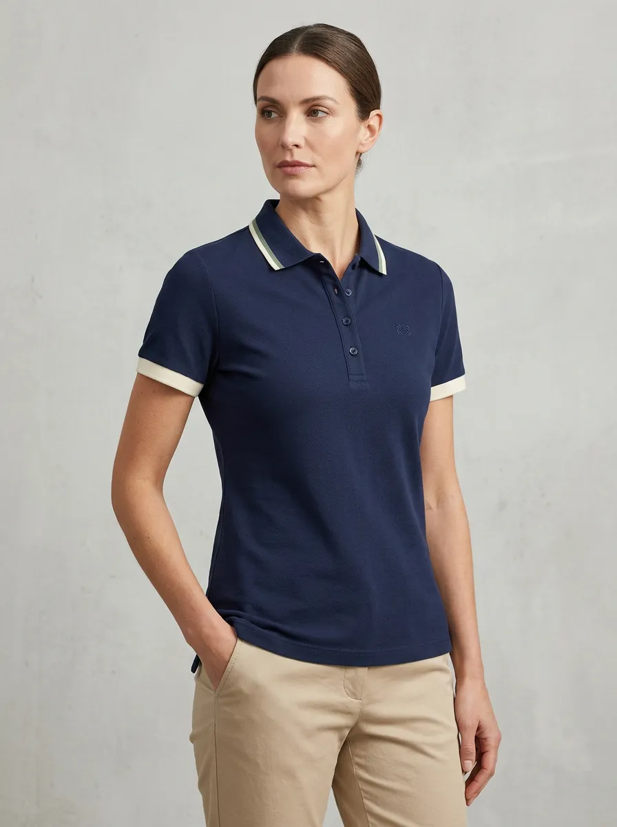 Women's Navy Blue Contrast Trim Embroidered Logo Polo Shirt