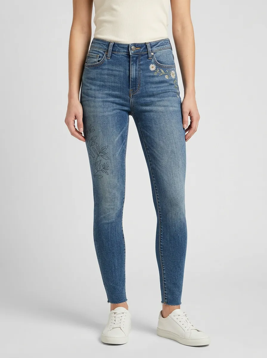 Women's Floral Nature Daisy Leaf Printed Slim Jeans