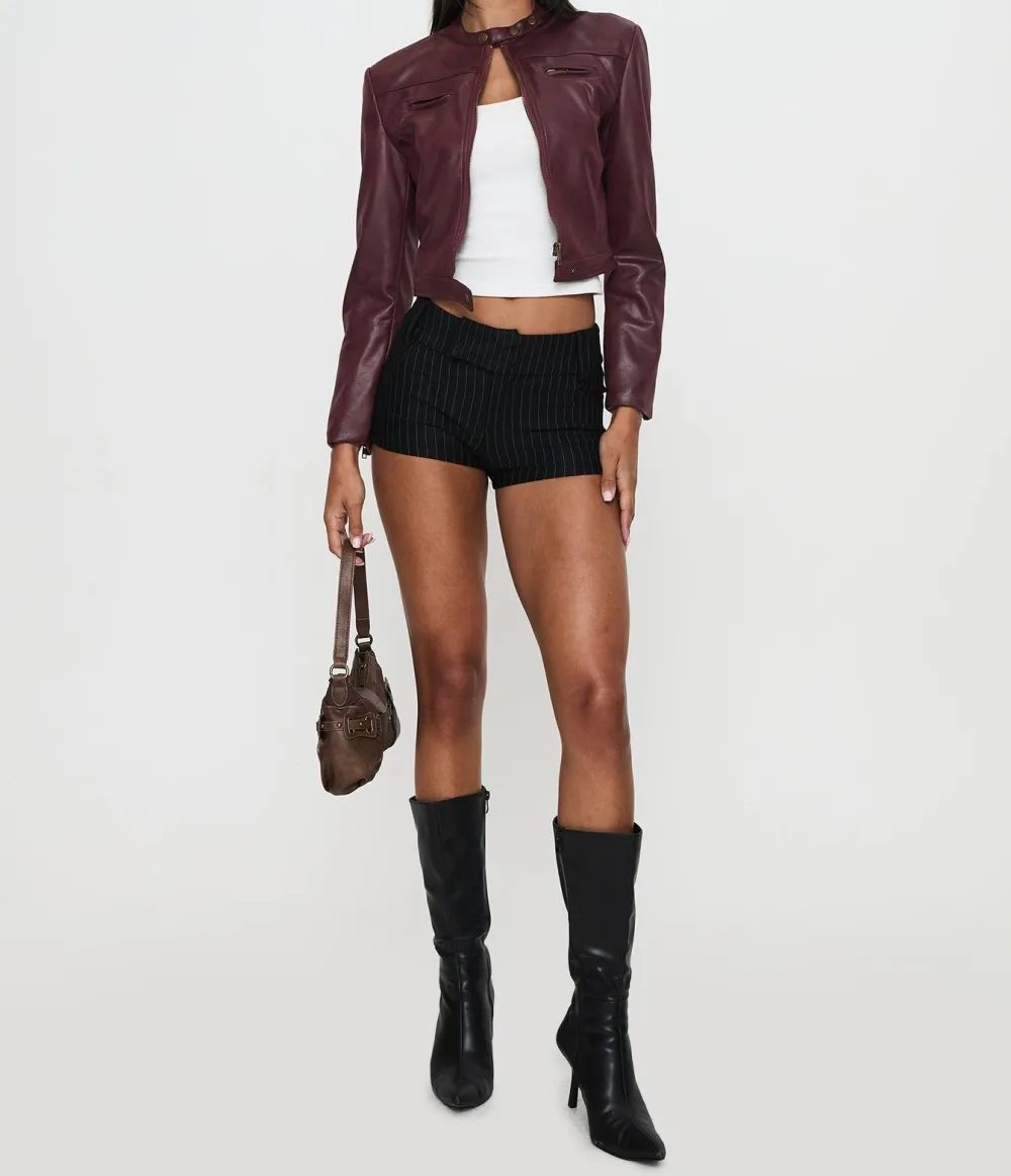 Burgundy Faux Leather Cropped Jacket