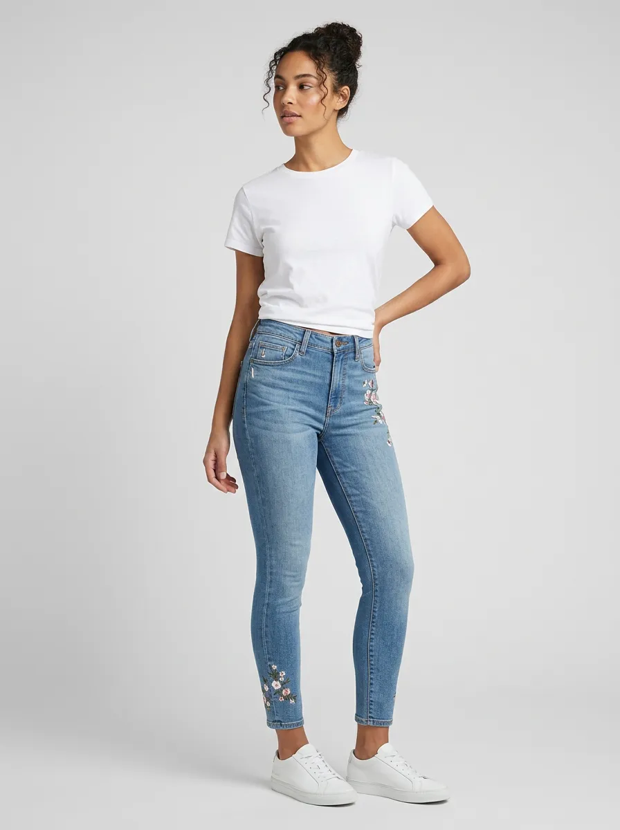 Women's Floral Pink Blossom Embroidered Printed Slim Jeans