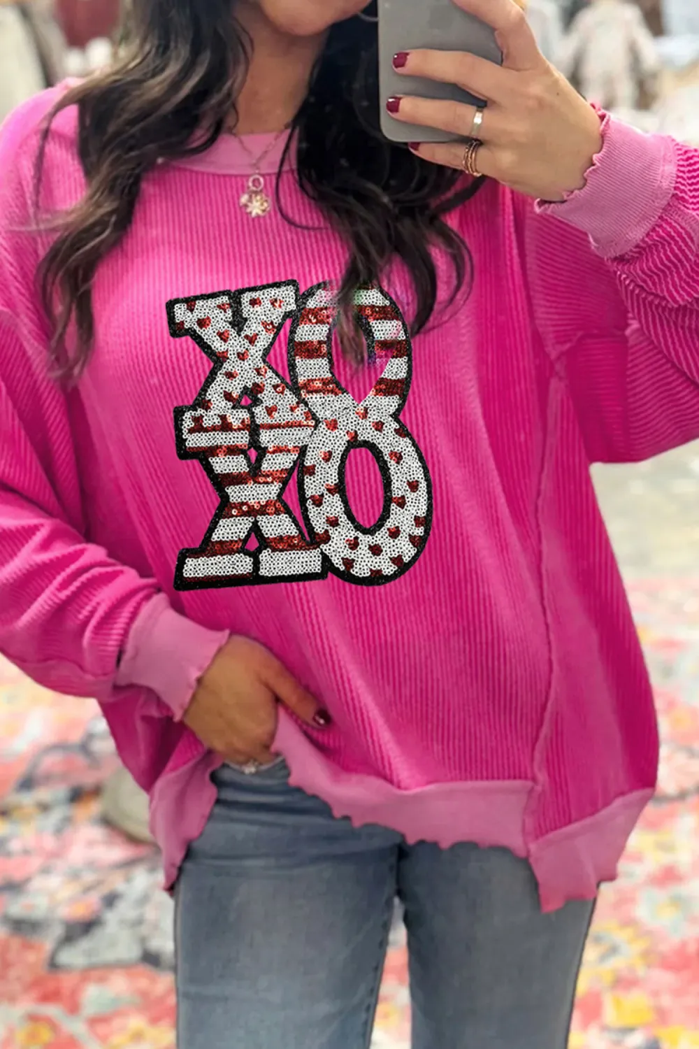 Strawberry Pink Twisted Ribbed Block Pullover
