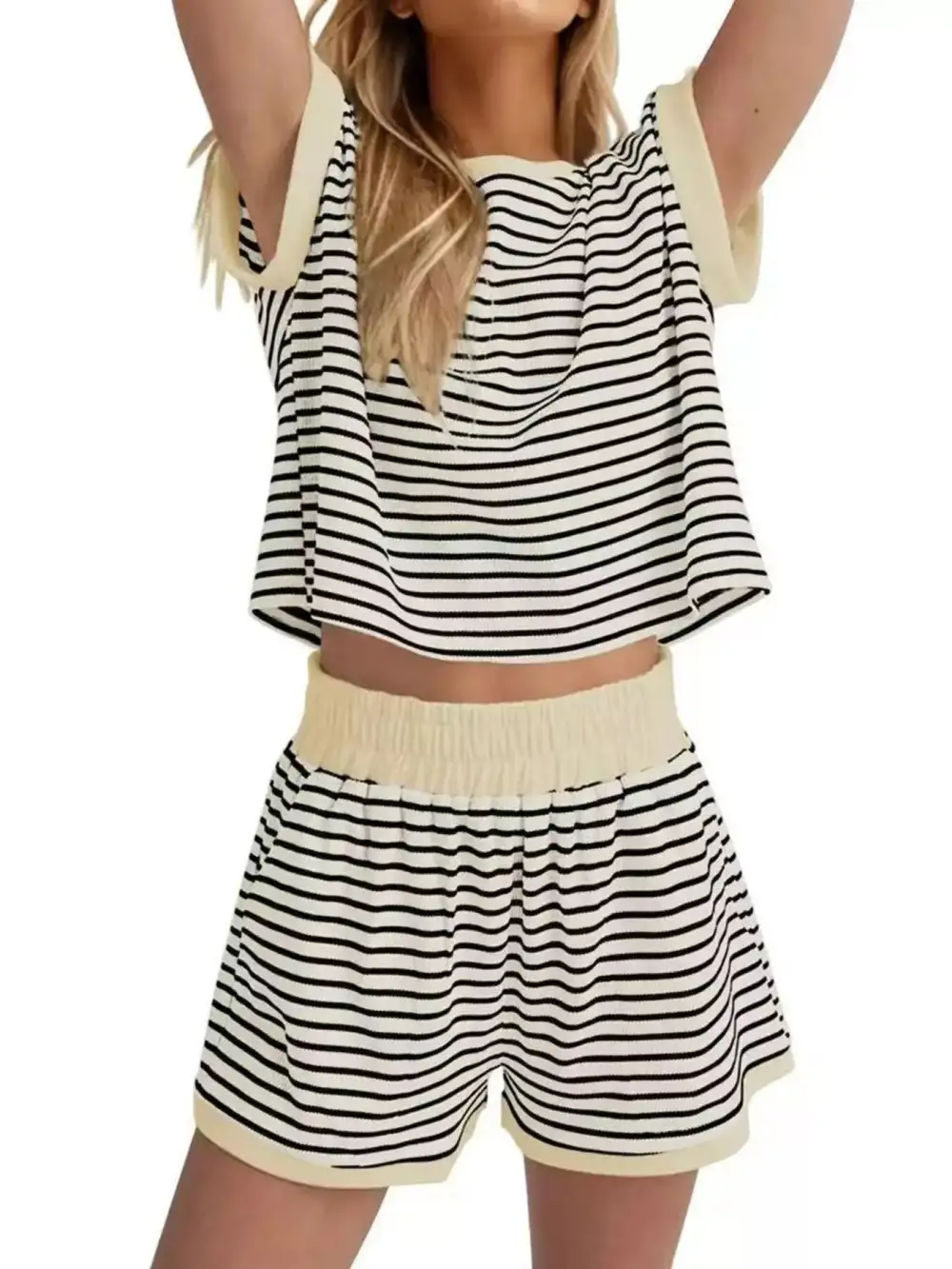 Striped Round Neck Top and Shorts Set