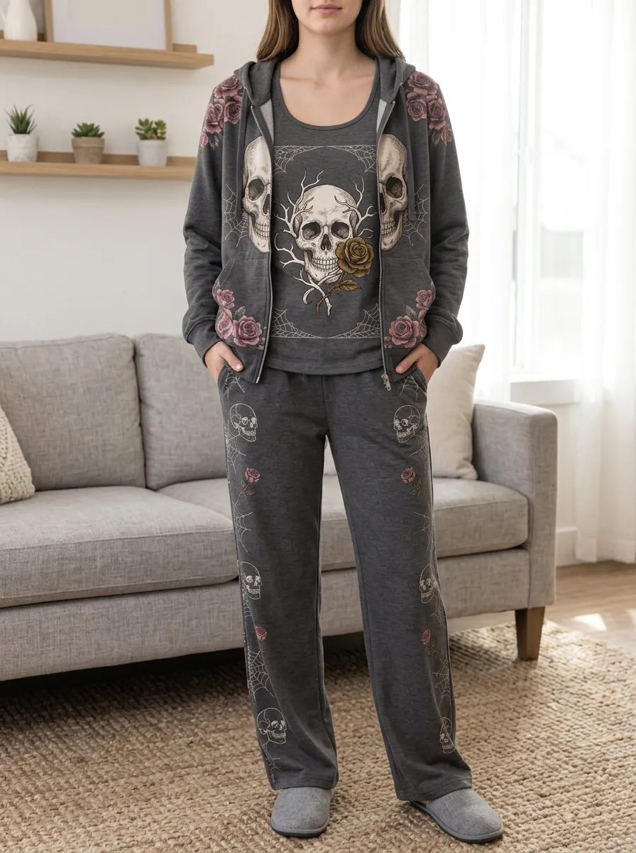 Women's Halloween Gothic Skull Rose Straight-Leg Lounge Set