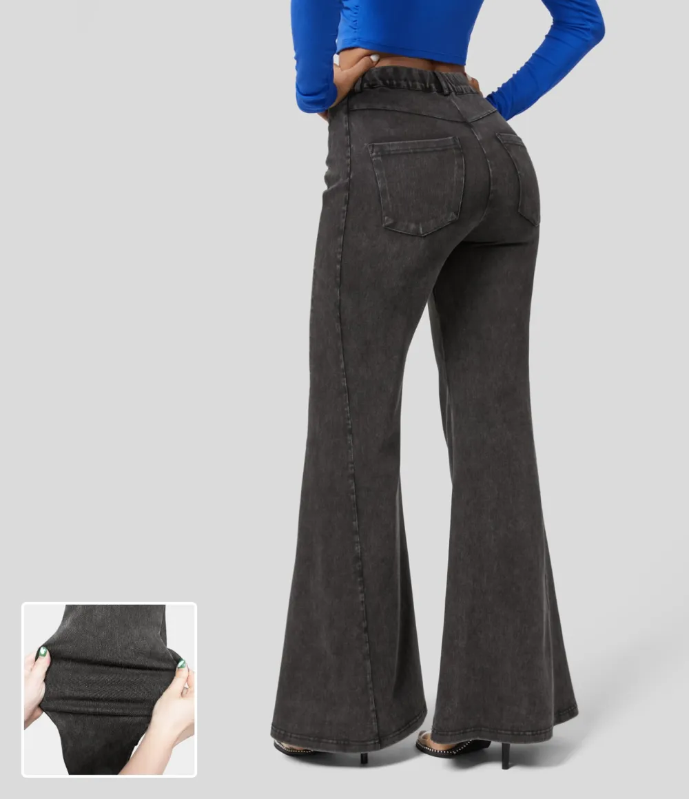 Magic High Waisted Multiple Pockets Washed Stretchy Knit Casual Super Flare Jeans