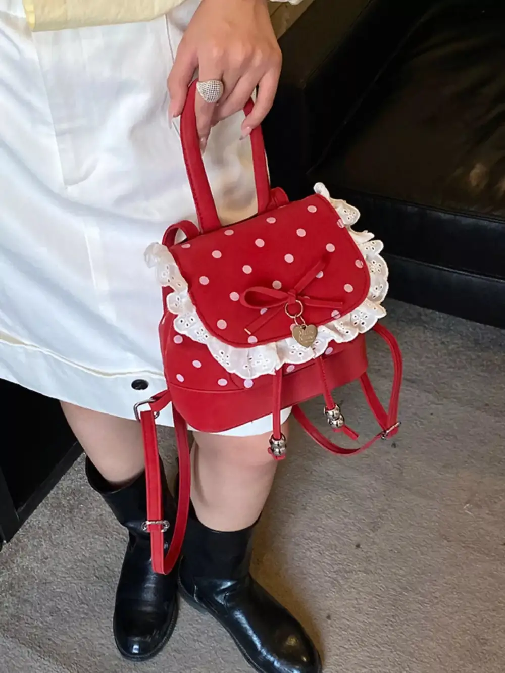 Women's Polka Dot Lace Trim Backpack