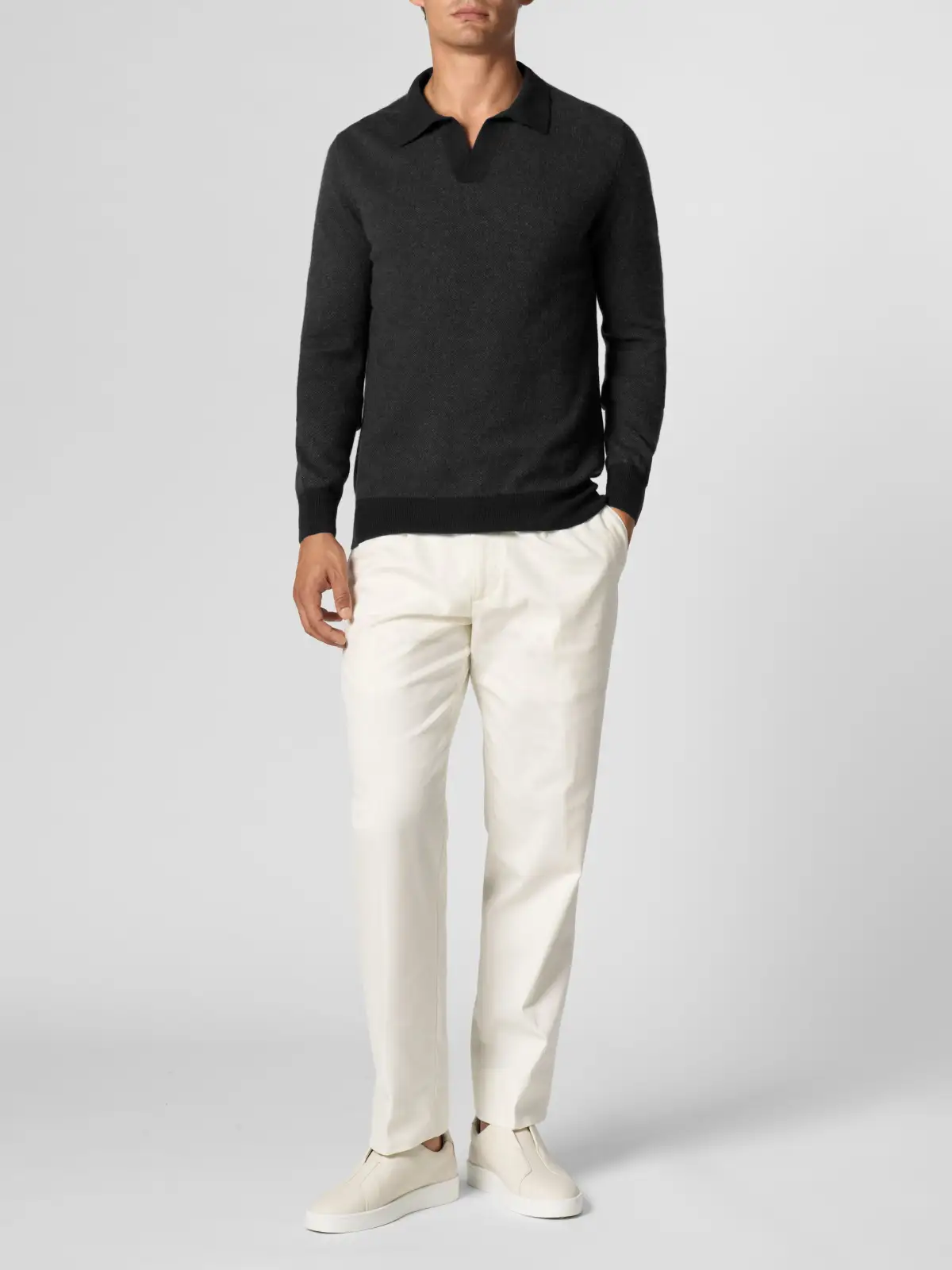 Pure Cashmere Buttonless Jacquard Knit Knit Construction Detail Polo Shirt