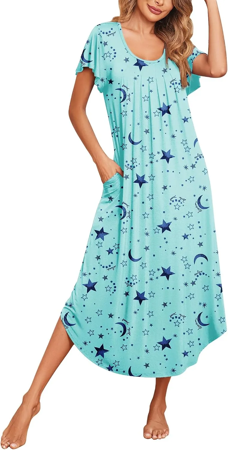Ekouaer Long Nightgowns for Women with Pockets Short Sleeves House Dresses